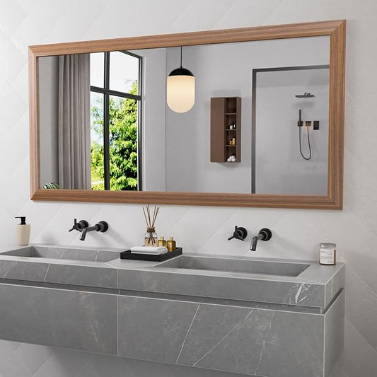 Amorho Bathroom Mirror, 60 X30 Inch Wall Mirror, Walnut Wood Grain Metal Framed, Anti-Rust, Hang Horizontally/Vertically, Suitable for Bedroom, Farmhouse, Bathroom, Decorative