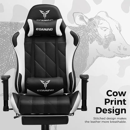 Gaming Chair with 3D Adjustable Armrests, Cow Print Design, Ergonomic Office Chair with High Back, Computer Chair with Footrest,Comfy Diamond Stitching Sest, Game Chair for Adults