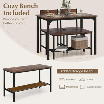 Tangkula Dining Table Set for 4, Kitchen Table and 2 Chairs for 4 with Bench, 4 Piece Dining Table Set for Small Space, Apartment