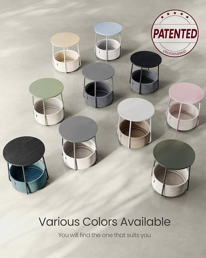 VASAGLE Small Round Side End Table, Modern Nightstand with Fabric Basket, Cream White ULET223K67