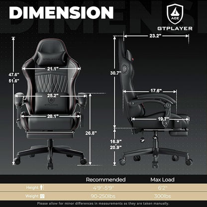 GTPLAYER ACE-PRO Music Gaming Chairs – Built-in Speakers, App Support & Bluetooth Control, Footrest & Pocket, Gamer Chair for Adults, Black & Red Stitch