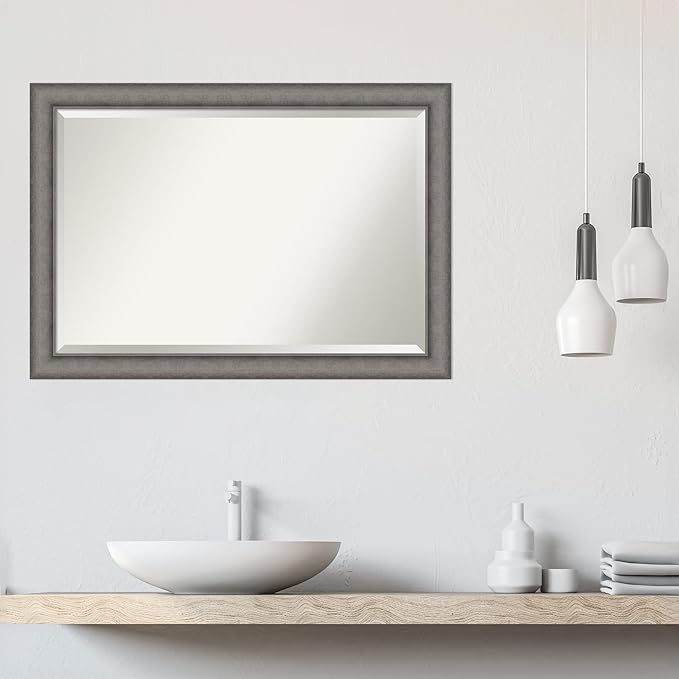 Amanti Art Grey Wall Mirror 29x41 Burnished Concrete Rectangle Bathroom Mirror for Wall Decor Living Room, Large Modern Contemporary Wood Frame, Hangs Horizonally and Vertically, Bathroom Decor