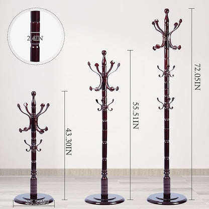 Coat Rack Stand, Solid Wooden Coat Tree with 14 Hooks, Heavy Duty Coat Rack Freestanding with Sturdy Round Base, Natural Birch Wood Coat Hanger Stand for Entryway Bedroom (Ruyi)