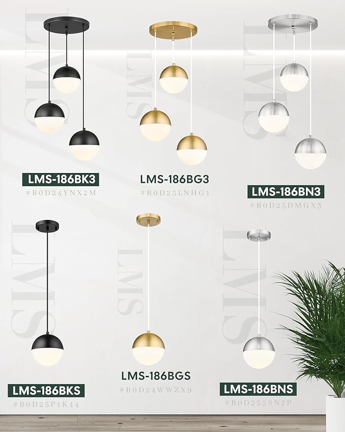 LMS Mid Century Pendant Lights, Brushed Gold Kitchen Island Light Fixtures with White Globe Glass Shade, Adjustable Hanging Cord, 2-Pack for Home Office Dining Room Bathroom, LMS-186PL-BGWS2PK