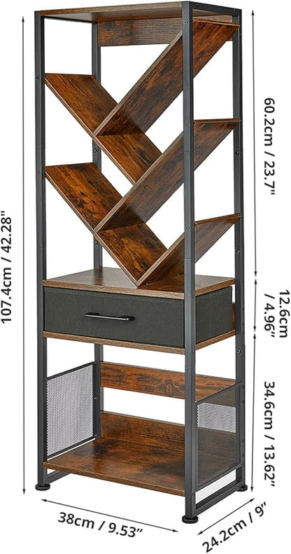 Bookshelf with Drawer,8 Tier Tree Bookcase Retro Floor Standing Bookshelves,Tall Wood Bookcases with Cabinet Storage Organizer for Living Room, Bedroom & Home Office, Classic