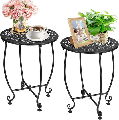 2 Pack 14 Inch Outdoor Side Table for Small Spaces, Patio Side Table,Plant Stand,Round Metal End Table for Patio,Yard Porch Balcony Garden
