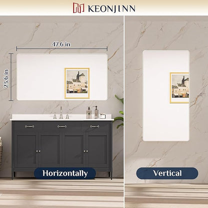 Keonjinn Brushed Nickel Mirror 48” x 24” Silver Bathroom Mirror for Over Sink, Rounded Rectangle Farmhouse Vanity Mirror, HD Tempered Glass, Metal Framed Full Length Wall Mirror(Horizontal/Vertical)