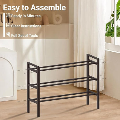 Haddockway Bamboo Shoe Rack for Closet, Free Standing Shoe Organizer with Smooth Round Rods & Convenient Handles, Stackable Shoe Storage Shelf for Entryway, Hallway(Brown, 3-Tier)