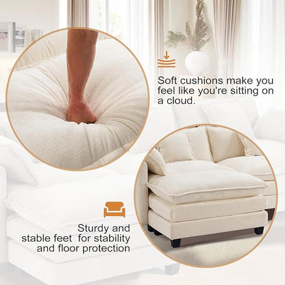 Furniliving 112‘’ L-Shaped Sofa, Luxury Chenille Modular Sectional Couches with Ottoman, Upholstered Deep Seat Sleeper Sofa with Memory Foam and Waist Pillows, Beige