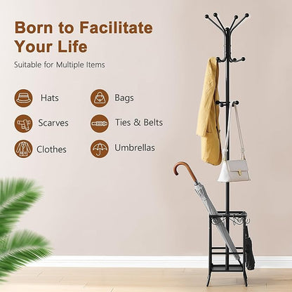 Hoctieon Coat Rack Freestanding, Coat Tree with Umbrella Holder, Metal Coat Rack Stand with 12 Hooks, Standing Coat Hanger Stand, Umbrella Stand for Entryway, Hat Rack Stand for Home Office, Black