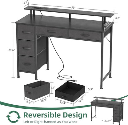 Computer Desk with 5 Drawers, Gaming Desk with LED Lights Power Outlets and Type-C, 39 Inch Office Desk with Storage, Monitor Stand, Writing Desk Work Table for Home Office, Small Spaces, Black