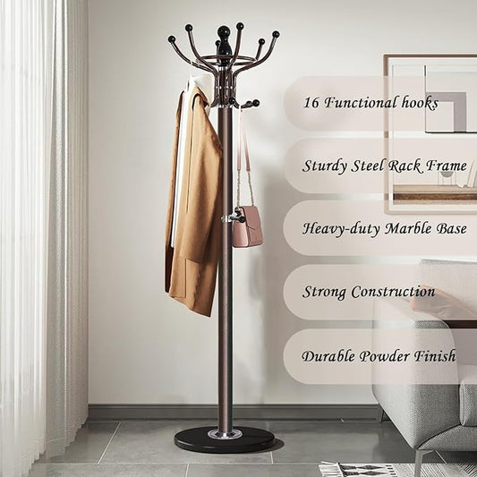 Kertnic Freestanding Coat Rack with 16 Hooks & Marble Base - Heavy Duty Metal Hall Tree Stand for Entryway, Hats, Coats, Bags Rack- Modern Hanger Organizer for Home, Office, Dorm (16 hooks -Bronze)