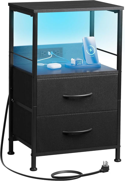 WLIVE LED Night Stand with Charging Station, Black Nightstand with 2 Fabric Drawers and Storage Shelf, Dorm Bedside Table End Table with 2 USB Ports and Outlets, Small Dresser for Bedroom, Living Room