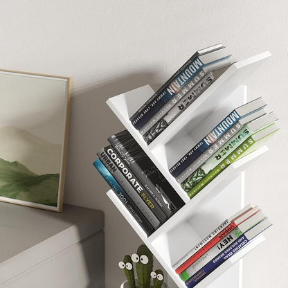 5 Tier Tree Book Shelf, Small Desktop Bookshelf with Storage Organizer, Wood Bookcase, Desk Display Bookshelves, Floor Standing Organizer Bookcases for Living Room,Bedroom,Office-White