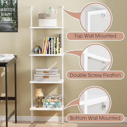 Ladder Shelf 4 Tiers Metal Industrial Bookshelf,White Wooden Tall Open Storage Rack and Display Shelves,Wall Mount Wide Bookcase for Home Office Bedroom,Small