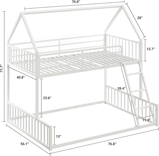 LIKIMIO Bunk Bed Twin Over Full Size, House Bunk Bed Frame with Ladder and Guardrail, House Shaped with Metal Slats Support No Box Spring Needed Space Saving for Bedroom and Dorm, White