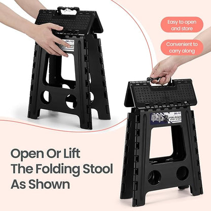 Delxo Folding Step Stool 16 Inch,Non-Slip Foldable Stools for Adults Up to 300 LBS,Kitchen Collapsible Fold Up Stepping Stool with Dotted 1 Pack,Black