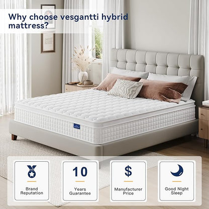 Vesgantti 12 Inch Multilayer Hybrid Twin XL Mattress - Multiple Sizes & Styles Available, Ergonomic Design with Memory Foam and Pocket Spring, Medium Firm Feel, White