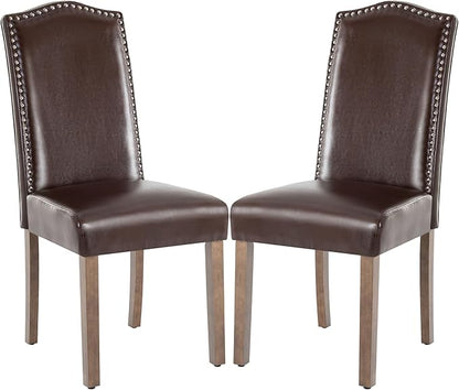 Stylish Upholstered Parsons Dining Chair PU Faux Leather with Silver Nailhead Trim and Sturdy Solid Wood Legs