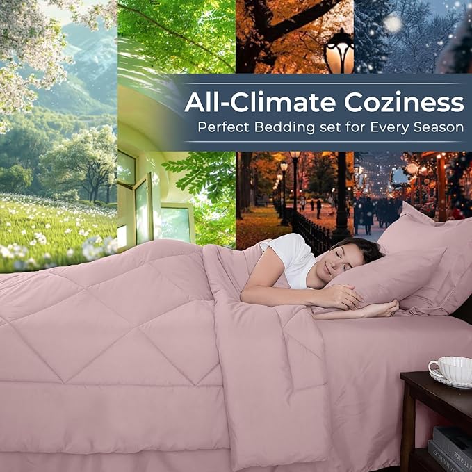 HEVUMYI Rose Gold Queen Comforter Set - 7-Piece All Season Bed in a Bag Queen, Ultra Soft Bedding Set with Comforter, Flat Sheet, Fitted Sheet, Pillowcases, Pillow Shams