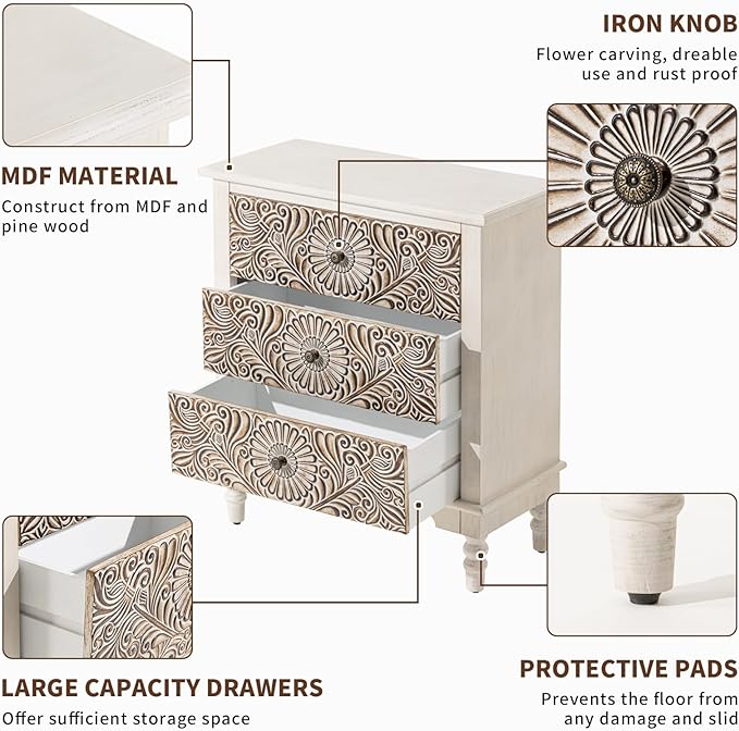 COSIEST 3 Drawers Accent Dresser, Vintage Small Accent Chest with 4 Wood Legs, Free-Standing Buffet Server Nightstand End Table for Bedroom, Living Room, Entryway