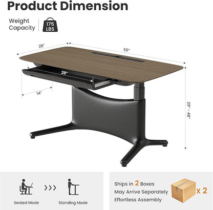 COLAMY Electric Adjustable Standing Desk – 48 x 28 Inch Sit Stand Desk with Drawer & Cable Management, Dual Motor Lift System, Ergonomic Footrest, Home Office Table (Veneer Desktop, Walnut + Black)