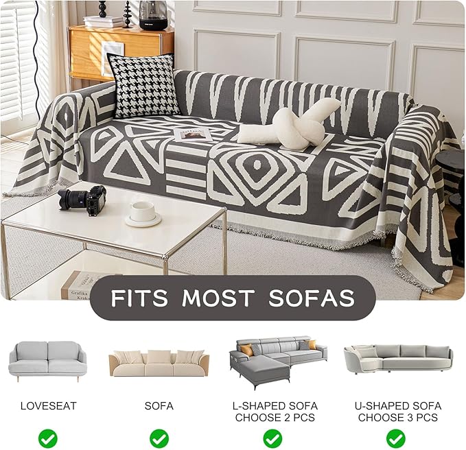 STACYPIK Boho Geometric Dark Grey Sofa Cover Chenille Couch Cover for Dogs Washable Armchair Slipcover for Living Room Sectional Sofa Cover for 2 Cushion Couch Sofa Jacquard Sofa Cover Decor-71X90IN