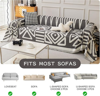 STACYPIK Boho Geometric Dark Grey Chenille Sofa Cover for Dogs - Washable Armchair Slipcover for Living Room, Sectional, 2 Cushion Couch - Jacquard Decor 71x102IN