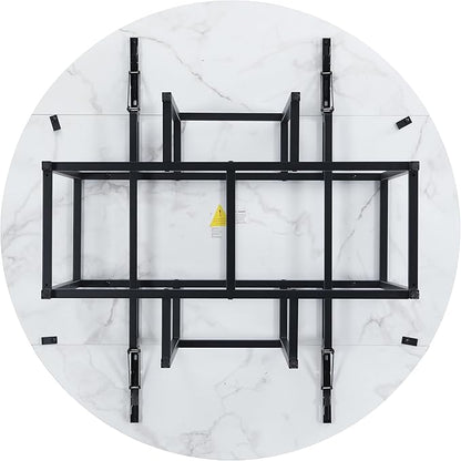 Merax 47.2” Round Dining Table Set for 4, Foldable Kitchen Dining Table with 11.8” Drop Leaves, Faux Marble Top with Golden Frame, 4 Upholstered Chairs (White+Beige)