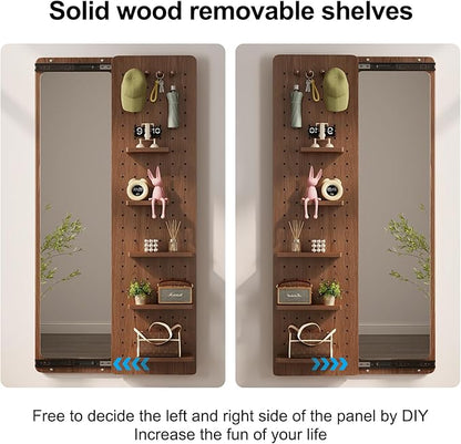 KungFuWood Full Length Mirror with Shelf and Hooks,Entry Way Mirrors for Wall,Wall Mirror with Shelf,Wall Mirror with Storage Multifunctional Design Panel,Living Room