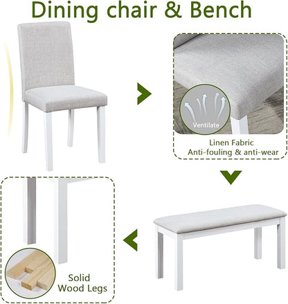 soges 6 Piece Wooden Dining Table Set, Dining Room Table with 4 Upholstered Chairs and Bench, Rectangular 6-Person Kitchen Dining Table Set with Crystal Decoration, White