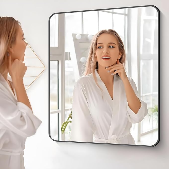 39" x 39"Bathroom Mirror, Matte Black Wall Mirror with Metal Frame, Decorative Rectangular Vanity Mirror for Bedroom Bathroom Living Room Entryway (Horizontal/Vertical)