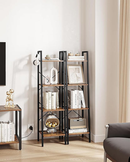 Ladder Shelf, Bookshelf Bookcase, Freestanding Corner Storage Shelve with 2 Hooks for Home Office, Living Room, Kitchen, Bedroom, Industrial, 4-Tier Rustic Brown BC13201B