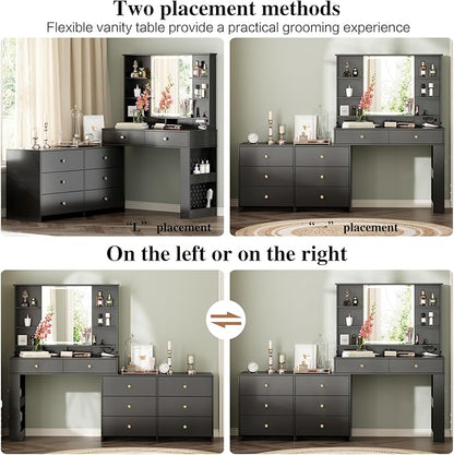 Large Makeup Vanity Desk with Mirror and Lights, Vanity Desk with 8 Drawers & Storage Shelves, Vanity Table with Power Outlet, 3 Color Modes & Adjustable Brightness Dressing Table, Bedroom,Black