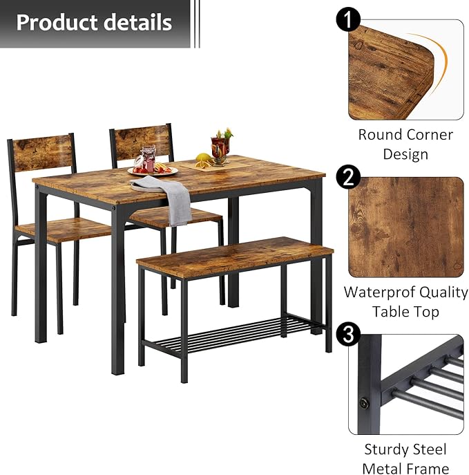 SogesHome 4-Piece Dining Table Set for 4 - Space-Saving Kitchen Set with Bench and Chairs, Ideal for Restaurants and Coffee Shops, Vintage Brown