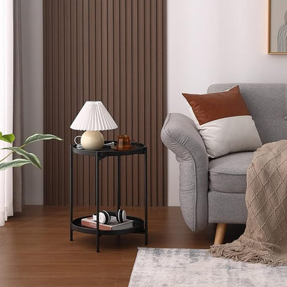 Tiita Round End Table Mental 2-Tier Side Table Nightstand/Small Iron Tables Accent Coffee Table for Living Room Bedroom Office Small Space