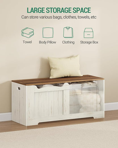 43.3" Storage Chest, Extra Large Storage Bench Trunk with 2 Safety Hinges, Wooden Box, Lift-Top Chest Organizer, Shoe Bench for Entryway, Bedroom, Living Room, White and Brown SB25514X