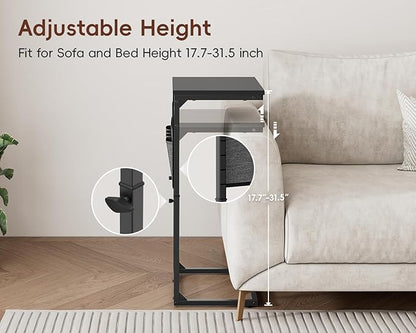Vagusicc C-Shaped End Table Set of 2 with Charging Station, Small Side Table for Couch, Adjustable Height Couch Side Table, Slide Under Sofa Table TV Tray Tables for Living Room,Bedroom,Bedside, Black