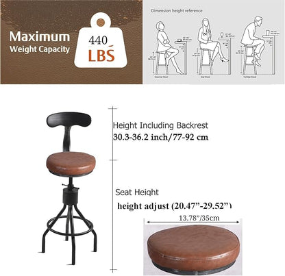 Diwhy Industrial Vintage Bar Stool, Kitchen Counter Height Adjustable Pipe Chair, Cast Iron Stool, Swivel Bar Stool with Backrest, Silver, Fully Welded Set of 2 Brown Upholstered