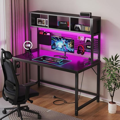 Black Gaming Desk with Hutch and Pegboard - 47 Inch Gaming Desk with Shelves Storage Power Outlets, Computer Teen Work Study Writing Desks for Bedroom Home Office