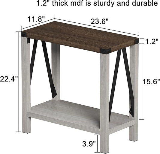ChooChoo Farmhouse End Table for Small Spaces, Narrow Side End Table with Storage Shelf, Rustic A-Design Nightstand Sofa Table for Living Room, Bedroom (White & Brown)