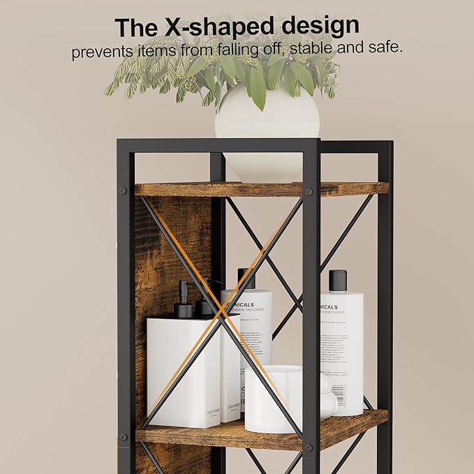 Homhedy 5 Tier Bookshelf Bookcase, Tall Narrow Bookshelf for Small Space, Metal Storage Shelves with Back Panel, for Home Office, Living Room, Kitchen, Bedroom, Industrial Style, Rustic Brown