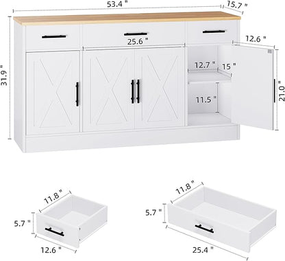 Shintenchi Sideboard Buffet Cabinet with Storage,53.4" Large Kitchen Buffet Storage Cabinet with 3 Drawers and 4 Doors,Wood Farmhouse Sideboard with Adjustable Shelf for Kitchen, Living Room,White