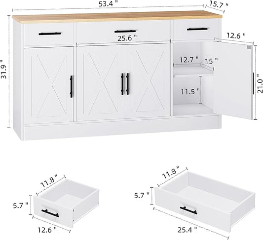 Shintenchi Sideboard Buffet Cabinet with Storage,53.4" Large Kitchen Buffet Storage Cabinet with 3 Drawers and 4 Doors,Wood Farmhouse Sideboard with Adjustable Shelf for Kitchen, Living Room,White