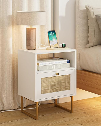 Rattan Nightstand with Charging Station, Boho Night Stand Farmhouse Wood Bedside Table with Storage and Open Shelf, End Side Accent Table for Bedroom,Living Room,White