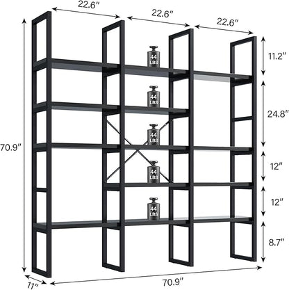 Semoic Large Bookshelf 5 Tiers, Triple Wide Geometric Bookcase, 71 Inches Tall Industrial Book Shelves Etagere Book Case, Sturdy Metal Frame, Freestanding Display Shelving Unit (Black)