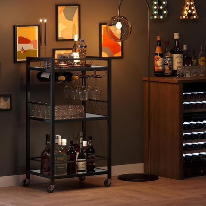 TUTOTAK Bar Cart, Home Bar Serving Cart with 3-Tier Mirrored Shelf, Drink Cart, Mobile Kitchen Shelf with Wine Rack, Rolling Beverage Cart, Black BC01BK033