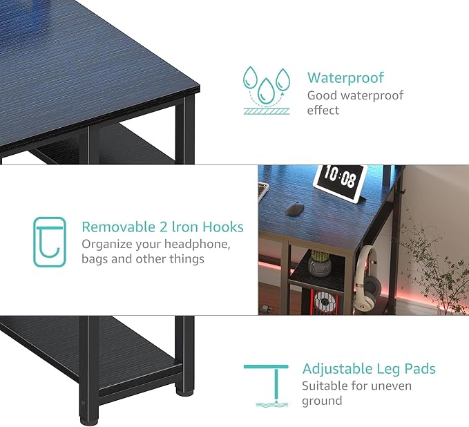 Lufeiya Gaming Desks with Led Lights and Power Outlets, 55 Inch Computer Desk with File Drawers Cabinet, Home Office Desk with Shelves Monitor Stand, Black