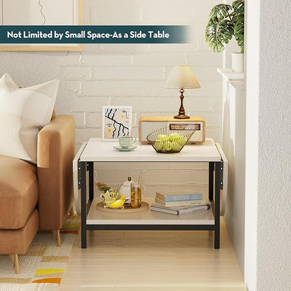 SAYGOER Modern Coffee Table White Extended Coffee Tables with Storage for Living Room 2-Tier Unique Center Table with Two Foldable Panel for Any Large or Small Space, All White
