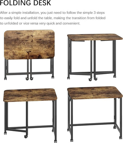 JSB Small Folding Computer Desk with Storage Bag and Hook Writing Modern Industrial Work Table Laptop for Home Office White (Rustic & Brown, 31.5")